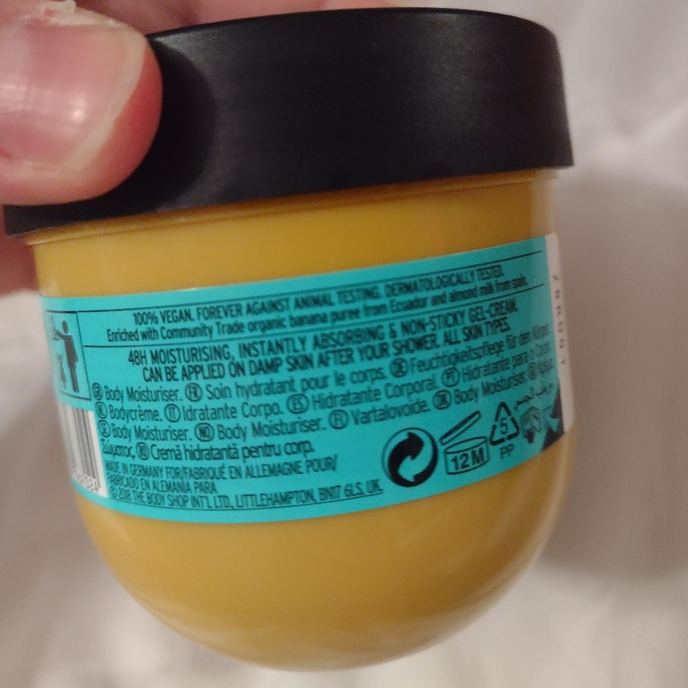 The Body shop banana body yogurt moisture. Brand new. Never been opened.